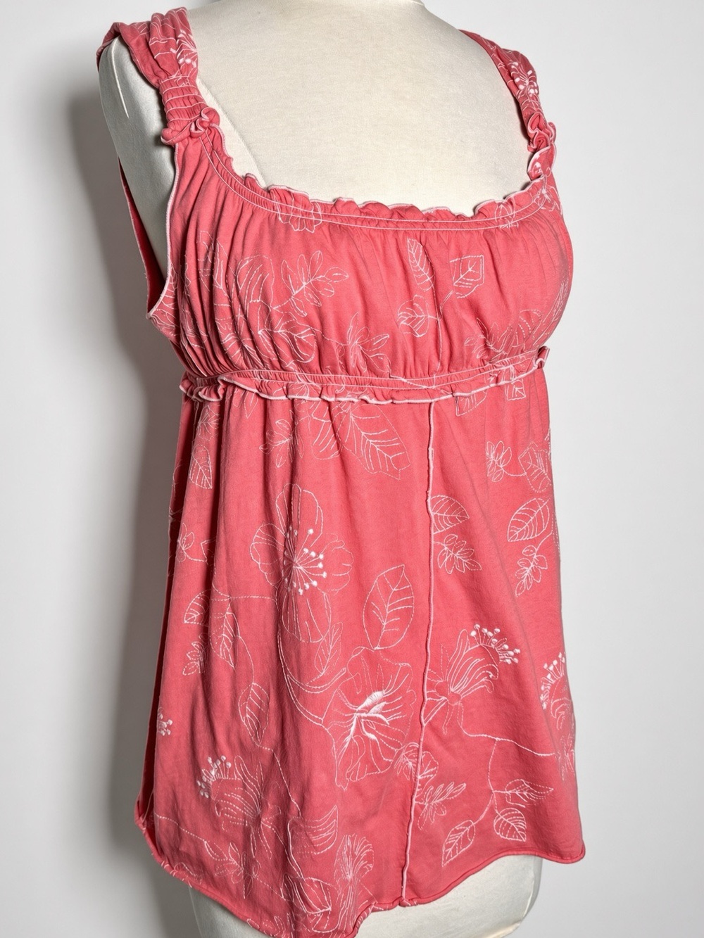 BCBG Max Azria Coral Floral Embroidered Empire Tank Top XL Babydoll Casual